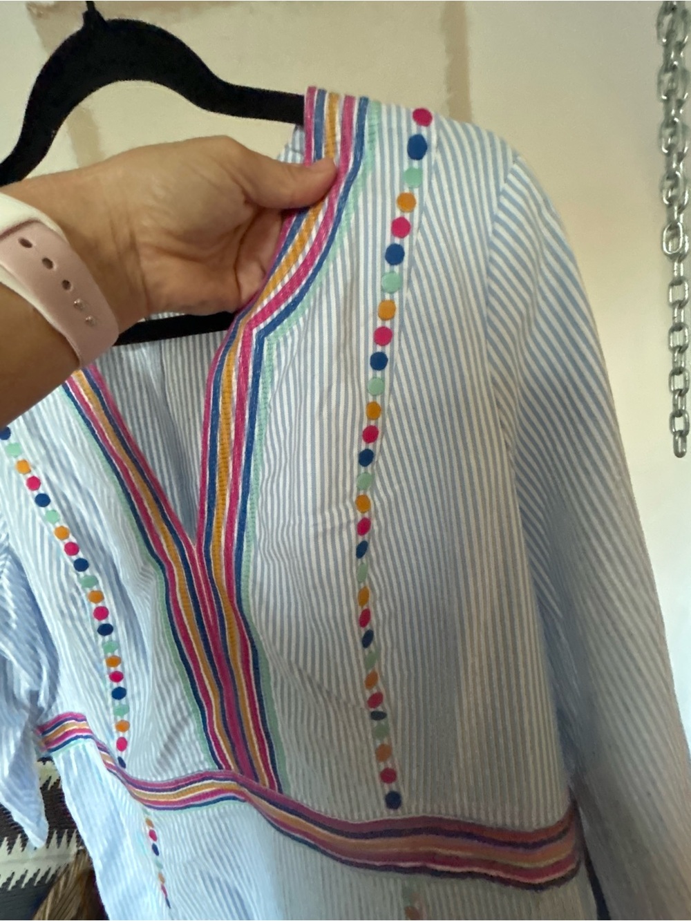 Boden Light Blue Striped Embroidered V-Neck Tunic Dress - Picture 9 of 9